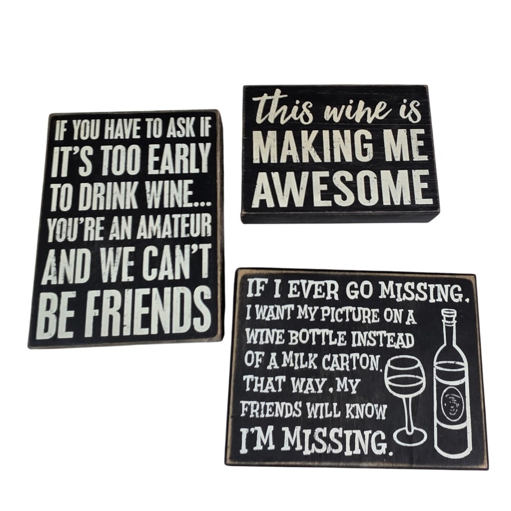 Primitives by Kathy Wine Box Signs Set of 3 Black White Distressed Wood Decor L2